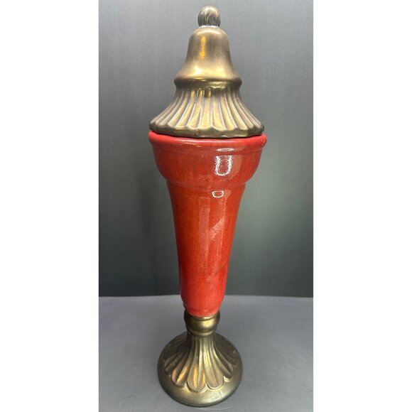 Vtg Ceramic Footed Bowl Compote Oxblood Red Brass Color Decor w/ Lid 22.5